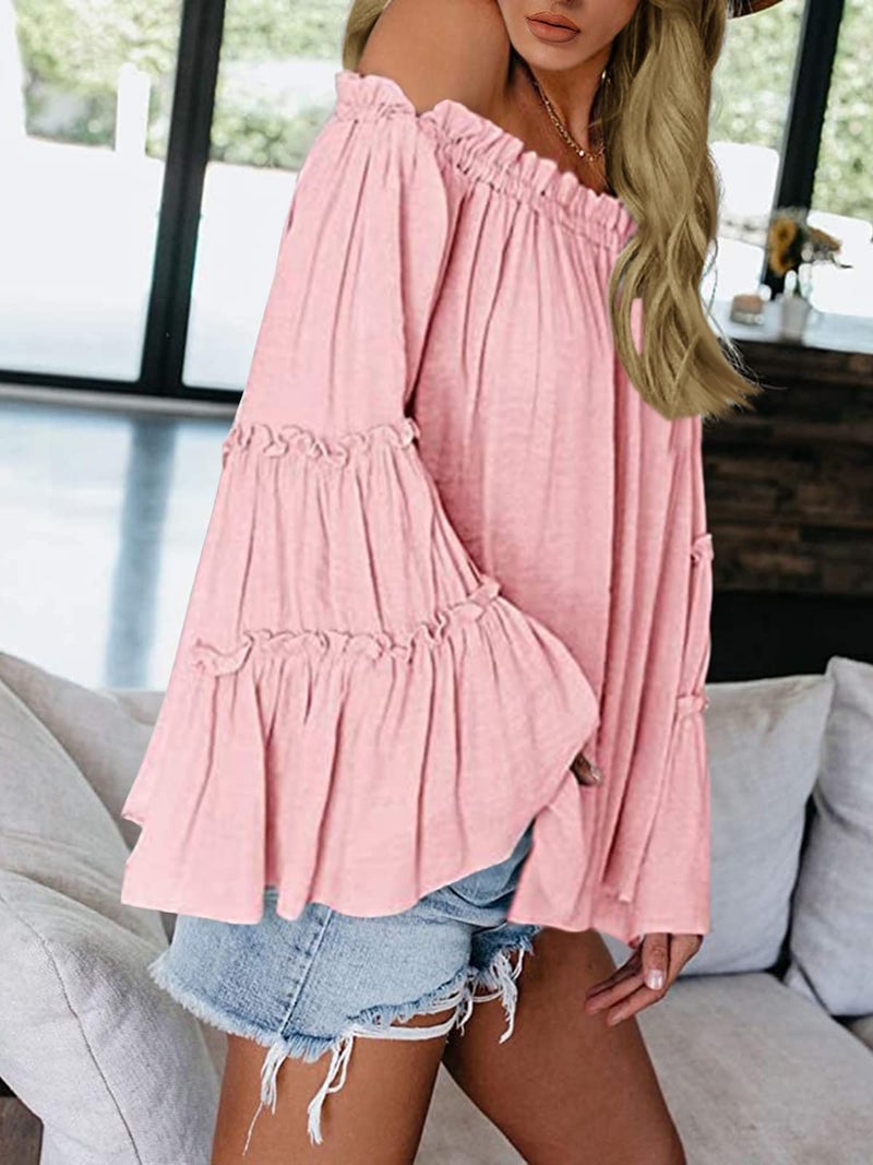 Farktop Womens Off The Shoulder Long Bell Sleeve Tops Flared Casual Loose Blouse (Light Pink, Large) - Image 2